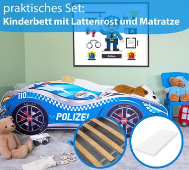 Ліжко-машина Alcube 80x160 см Поліцейська машина з рейковим каркасом і матрацом МДФ з покриттям - Дитяче ліжко з плівкою мотивів 160х80 см для маленьких поліцейських - синій