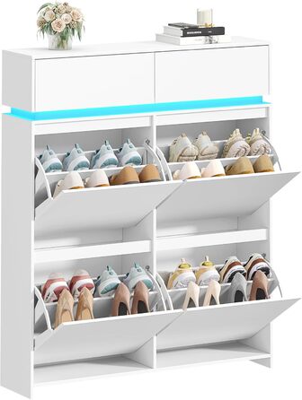 Взуттєва шафа Hzuaneri з 4 стулками, вузька, з LED-підсвічуванням, регульована перегородка, на 20 пар, 100 x 119 x 24 см, для передпокою, біла SR53603XEU