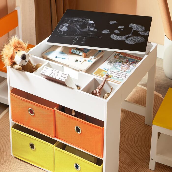 Дитячий стіл SoBuy з 2 стільцями: комплект меблів для дитячої кімнати з місцем для зберігання, ігровий та активний стіл, білий 87x50x50 см (з дошкою для малювання)