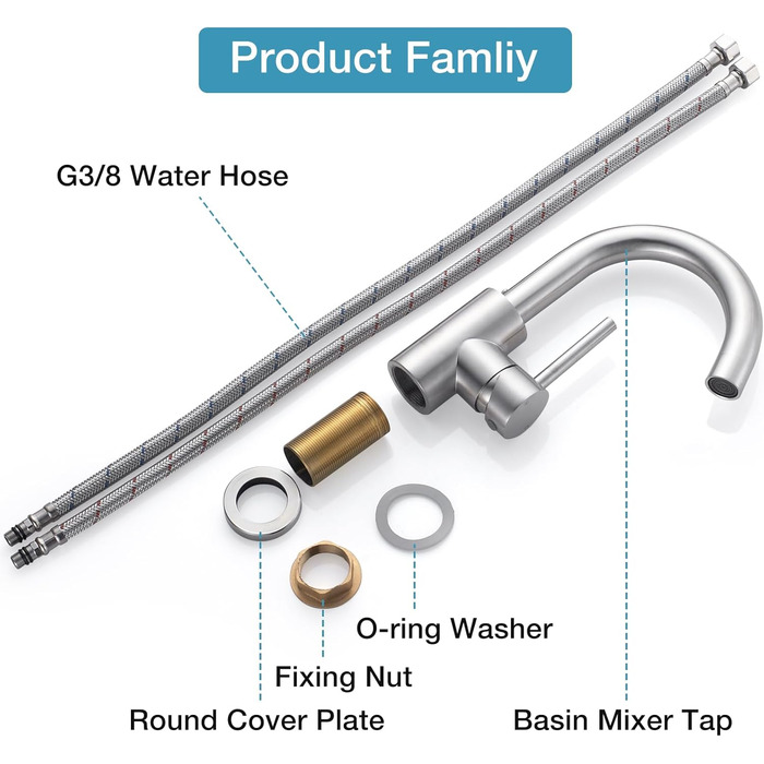 Змішувач для ванної кімнати/кухні з нержавіючої сталі, поворотний на 360°, висота виливу 150 мм, з однорідним змішувачем, покриття - нікель