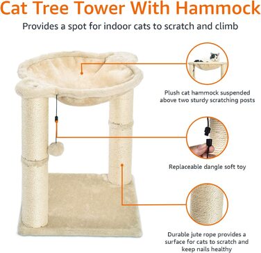 Котяче котяче дерево з будиночком, гамаком, ліжком і котячим скринею, 41 х 51 х 41 см, бежевий котячий гамак Бежевий
