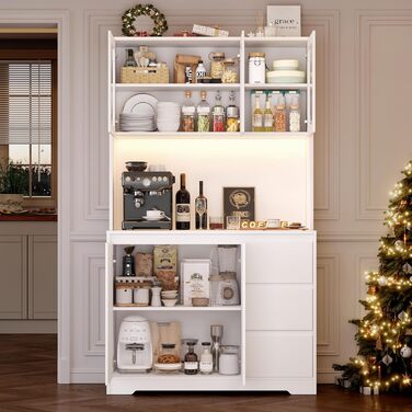 Кухонна шафа FirFurd з LED-підсвічуванням, буфет, комод з робочою поверхнею, 3 висувні ящики, регульована полиця, 180x100x38.5 см (білий)