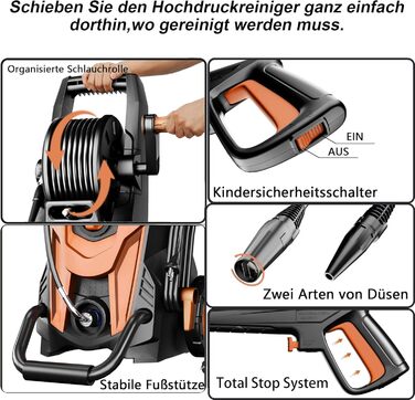 Високотискний мийник 180 бар, 6-в-1 насадка, продуктивність 420 л/год, площа очищення 50 м²/год, економний, з піночистою та барабаном для шлангу, для авто та під'їздів, червоний