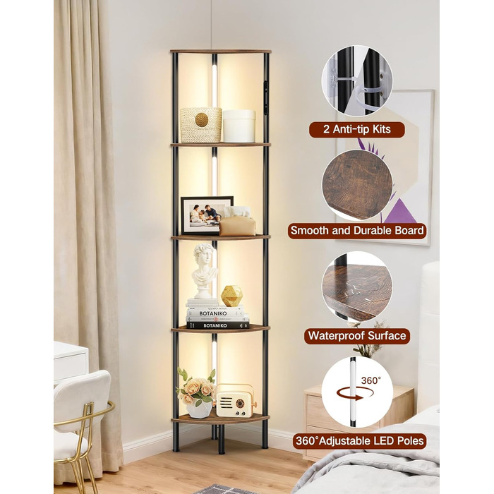 Світлодіодна торшер-полиця з регульованою яскравістю та кольором, пульт ДУ, 5 полиць, кутова, для вітальні, спальні, офісу (Rustikales Braun)