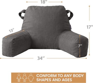 Лежак для читання в ліжку для дорослих, подушка для відпочинку в ліжку з підлокітниками, подушка для підтримки спини для сидіння в ліжку, подушка для відпочинку в ліжку зі знімним та пральним чохлом, світло-сіра