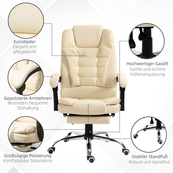 HOMCOM Office Chair with Footrest, Adjustable Backrest, Height Adjustable, Cream, Black, and Silver