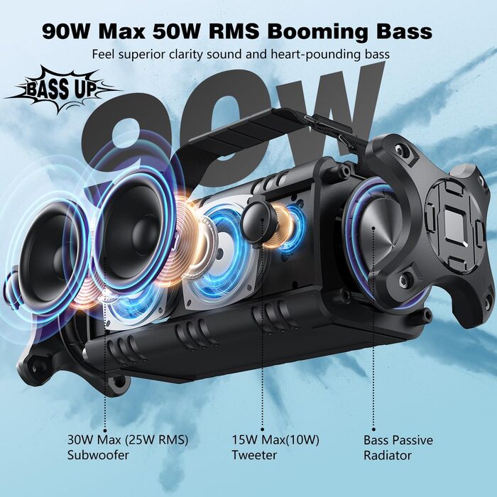 Портативна Bluetooth колонка W-KING 90W з глибоким басом, водонепроникна IPX6, Powerbank, AUX, TF, NFC, 40 годин роботи, EQ, чорно-біла