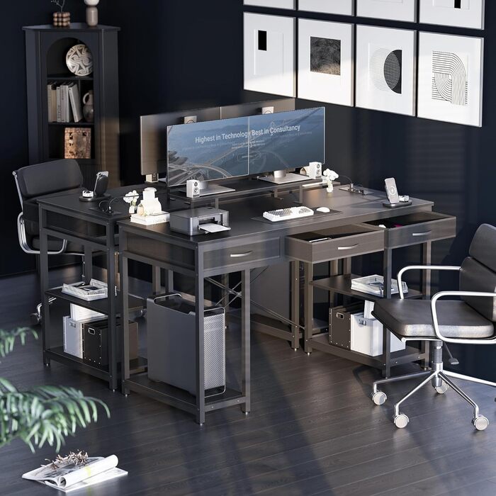 Комп'ютерний стіл Claiks з 3 шухлядами, полицею, 2 розетками та 2 USB-портами для зарядки, білий (120 x 60 см), чорний