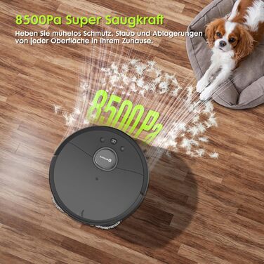 Робот-пилосос з функцією миття, автоматичне спорожнення (75 днів), потужність 8500Pa, зрізач для шерсті тварин, лазерна іграшка для котів, лазерна навігація, знімне м'яке прибирання, робот-пилосос для твердих поверхонь, килимів та шерсті тварин, чорний