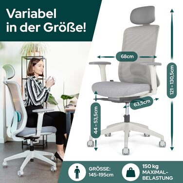 Ергономічне крісло Schekka® для офісу - переможець тестів. Індивідуальне регулювання, підтримка голови та попереку, 3D підлокітники, дихаюча сітка. Макс. вага 150 кг (Світло-сірий/М'ятний)