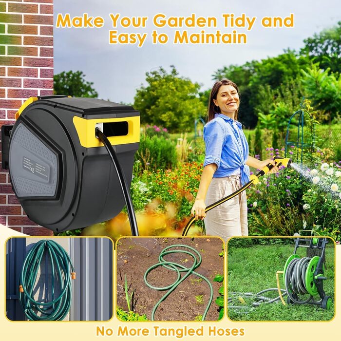 Шланговий барабан з шлангом для саду, настінний, поворотний на 180°, автоматичне змотування, бокс для шланга з ручною лійкою, 9 функцій, для поливу та миття авто (чорно-жовтий, 20 м)