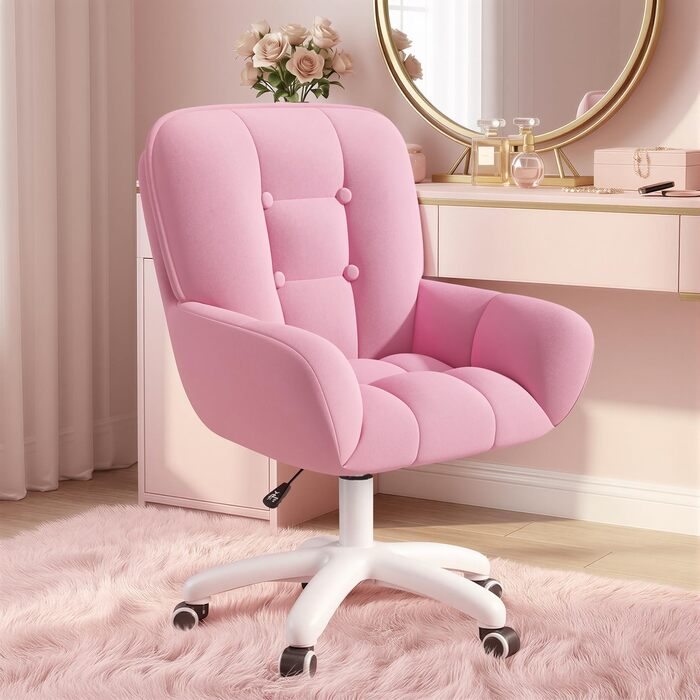 Крісло для дому та макіяжу 2-в-1, ергономічне, обертове на 360°, регульоване по висоті, для робочого кабінету або спальні (без подушки, Рожеве)