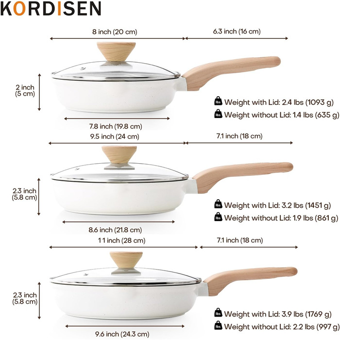 Набір сковорідок Kordisen з антипригарним керамічним покриттям 20/24/28 см, 3 шт. - здорове, безпечне посуд без PFOA та PFAS