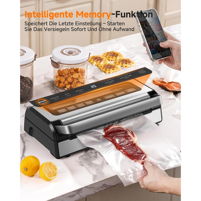 Вакууматор для продуктів 9-в-1 з потужністю 95 кПа, регулюванням часу та тиску, функцією пам'яті, подвійним запаянням, вбудованим різаком та відсіком для пакетів, корпус із нержавіючої сталі, у комплекті 2 ролини та шланг