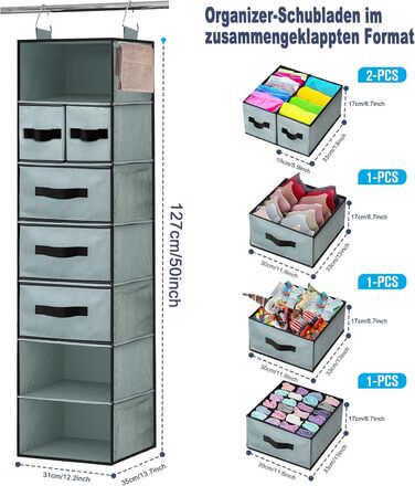 Органайзер для шафи-купе з підвісною полицею на 7 відділень, 5 ящиків, 8 сітчастих кишень для спальні (сірий)