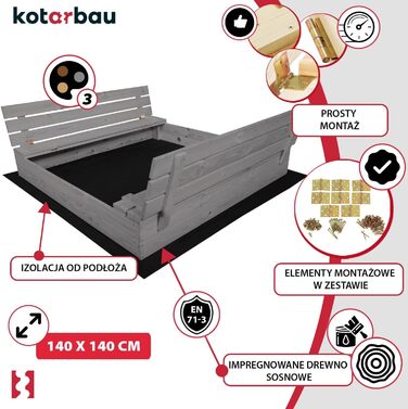 Пісочниця KOTARBAU® з кришкою, 120x120 см, дерево, з лавками