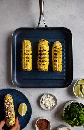 Сковорода-гриль Granitestone Blue з антипригарним покриттям, 26.7 см, з алмазною інфузією, канавки для зливу жиру, не нагрівається, ручка з нержавіючої сталі, придатна для духовки та мийки, 100% PFOA-free