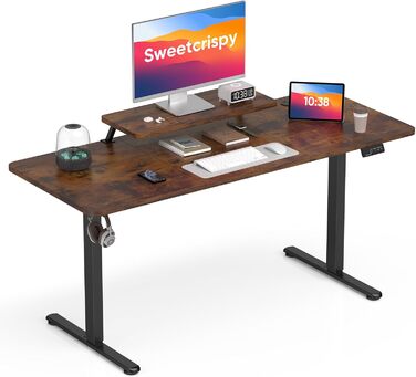 Регульований стіл Sweetcrispy з підставкою для монітора, електричний, ергономічний, стоячи/сидячи, комп'ютерний стіл, standing desk, вінтаж (колір: коричневий, розмір: 160 x 60 см)