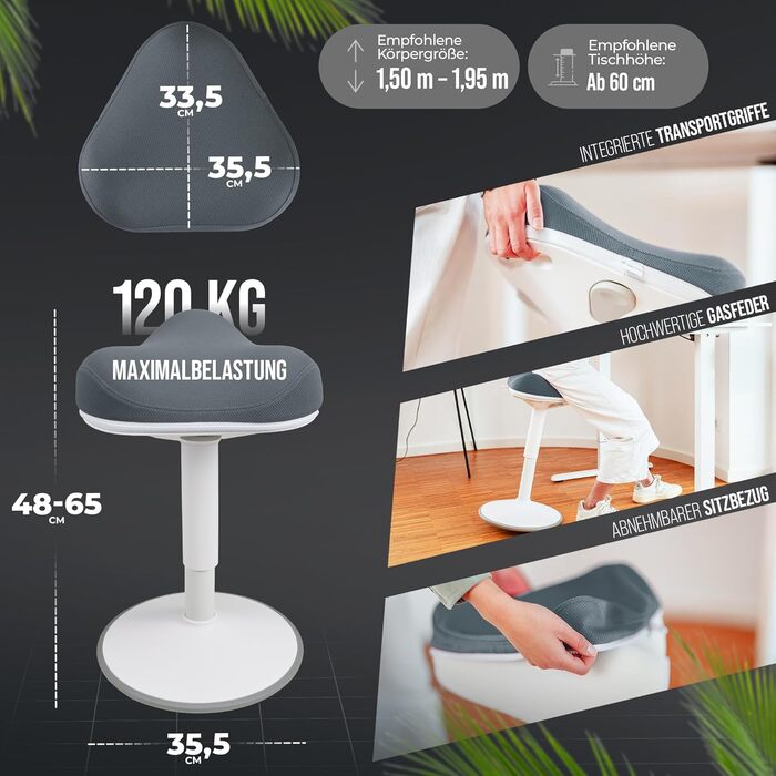 Офісний стілець Zip SH-01S з знімним чохлом | Ергономічний стілець з сертифікатом IGR | Стілець для роботи та відпочинку | З ефектом гойдання | Регульована висота (47-65 см) | Графітовий блакитний | 65 см