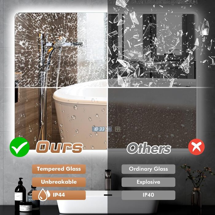 Дзеркало для ванної кімнати Sararoom з підсвічуванням, кругле LED дзеркало 600 мм, дзеркало для ванної кімнати з підсвічуванням, 3 кольори світла, регулювання яскравості, загартоване скло, функція пам'яті, запобігання запотіванню (прямокутне 80 x 60 см)