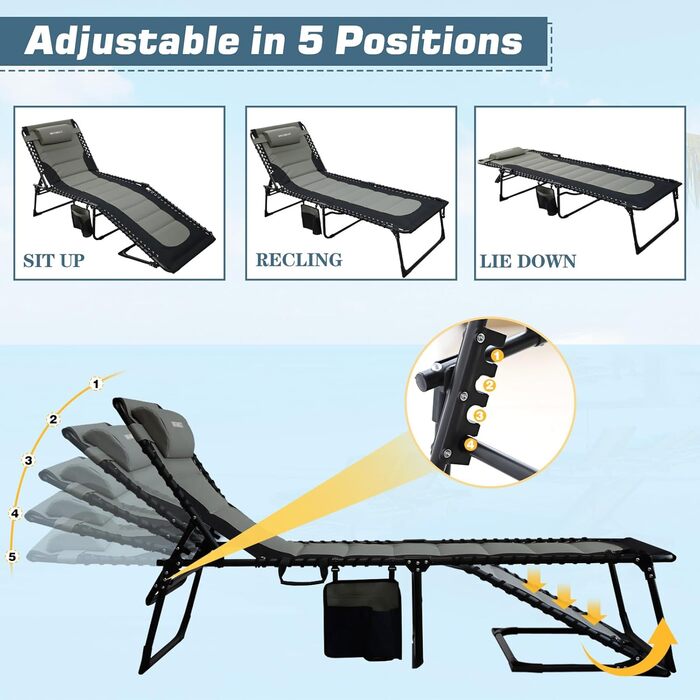 Велике розкладне шезлонге для саду: Outdoor, XXL, 5 положень спинки, до 150 кг, з подушкою та кишенею, 200x68 см, сірий