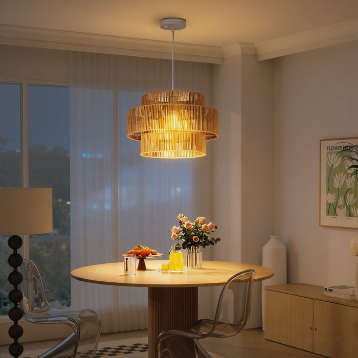 Підвісна лампа з тришаровим абажуром, метал, мотузка з натурального льону, світло-коричневий