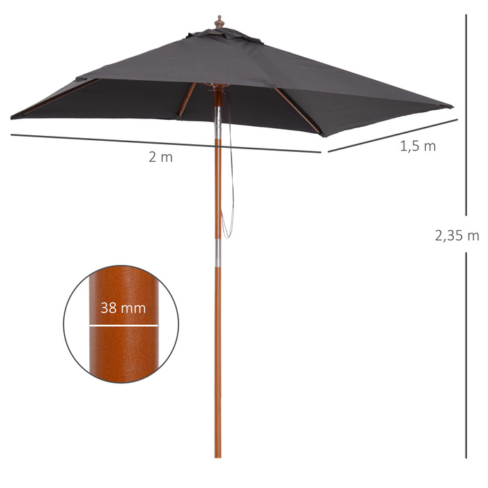 Outsunny Parasol Складна садова парасолька з деревини ялиці, 3-ступінчаста регульована, темно-сіра, 200x150x230см