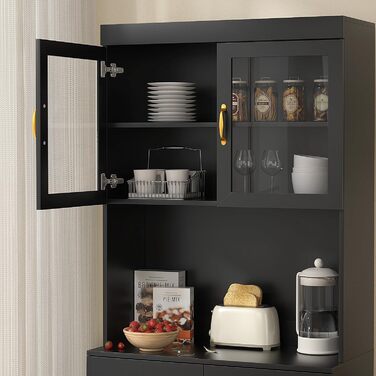 Кухонна шафа VOWNER з робочою поверхнею, буфет на кухню з 4 шафами, вітрина, буфет з регульованими полицями, 80 x 40 x 180 см, для кухні, вітальні, офісу, їдальні (білий) (чорний)