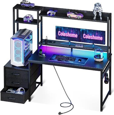 Ігровий стіл Coleshome з полицею та шухлядами, 137x48 см. Стіл для геймінгу з LED-підсвічуванням та розеткою, комп'ютерний стіл з місцями для зберігання та підставкою для монітора.