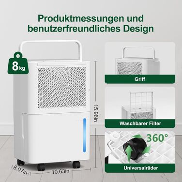 Електричний осушувач повітря PHILODECO 10л/день з режимом сушіння, 2л бак, таймер 24г, автовимкнення, ролики та ручка для підвалу, ванної, спальні