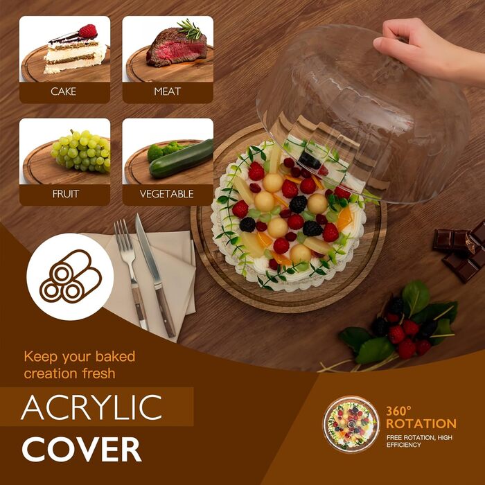 Дзеркальний піднос для тортів Vacream з кришкою, поворотний, дерев'яний Lazy Susan, для вечірок, дня народження, подарунок для кондитера (30,5 см)