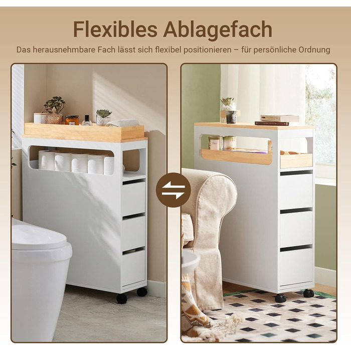 Шафка для ванної кімнати SoBuy з колесами, вузька шафка з 3 висувними ящиками, компактна тумбочка з дерева, навісна шафка для маленьких ванних кімнат, туалетів та кухонь, біла, 65x23x82 см, BZR54-W