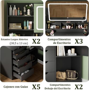 Дзеркальний столик для макіяжу Devoko з LED-підсвічуванням та пуфом, кутовий туалетний столик з розеткою, 5 ящиків, відкриті полиці, тримач для фену, для спальні (Білий) (Чорний)