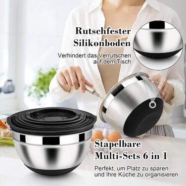 Набір місок Homikit з нержавіючої сталі, 6 шт. з тертками, кришкою та силіконовим дном, 4.6/2.8/2.5/1.6/1.2/0.7 л, чорний