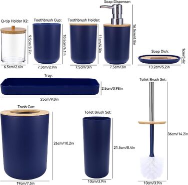 Набір аксесуарів для ванної кімнати SLDIYWOW 9 шт. (Морська блакить): Мülleimer, лоток, дозатор мила, тримач для зубних щіток, стаканчик для щіток, мильниця, WC-щітка, тримач для ватних паличок
