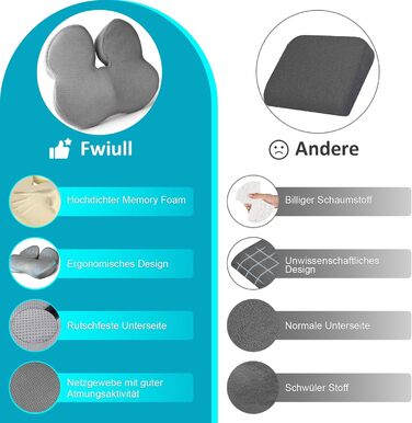Подушка для сидіння Fwiull з Memory Foam: для авто, софи, офісу. Зняття тиску, ергономічна підтримка (Світло-сіра)