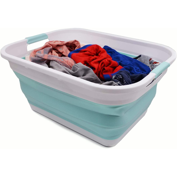 Складна Пластикова корзина для білизни SAMMART 41L-складаний висувний контейнер для зберігання/органайзер-Портативна пральна ванна-компактна кошик /кошик (білий / морський зелений)
