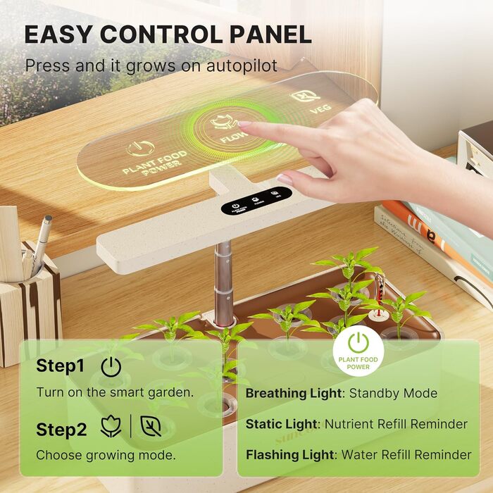 SUNCOZE Гідропонна система вирощування, набір для вирощування трав в приміщенні з LED-освітленням, розумний сад 12 касет, 4л резервуар для води, регульована висота, тиха інтелектуальна помпа, для дому, кухні (Бежевий)