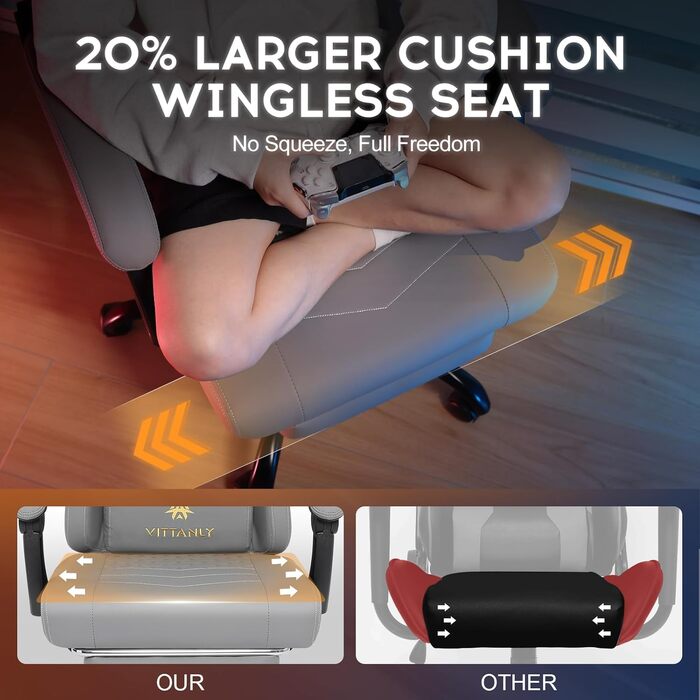 Ігровий крісло Vittanly з пружинними подушками, ергономічний геймерське крісло з підголовником, поперековою подушкою та підставкою для ніг, регульоване по висоті, поворотне ігрове крісло, офісне крісло, 150 кг, сірий