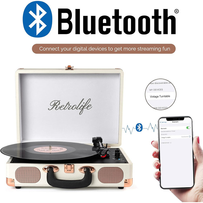 Вініловий програвач 3-швидкісний 33/45/78 об/хв Bluetooth у валізі, портативний програвач платівок з ремінним приводом, вбудованими динаміками, RCA, AUX, вихід для навушників, ретро дизайн, колір білий (піаніно)