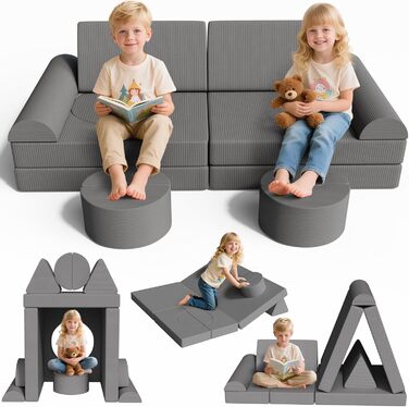 Модульна дитяча кушетка-конструктор MAMIZO Spielsofa Cord, 15 елементів, сірий колір. Кушетка для ігор та відпочинку, екологічна тканина Oeko-Tex, для дитячої кімнати.