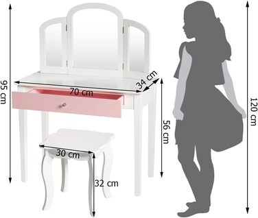 Набір дитячих туалетних столиків COSTWAY 2-в-1 з дзеркалом і табуретом, косметичний столик Princess (білий)