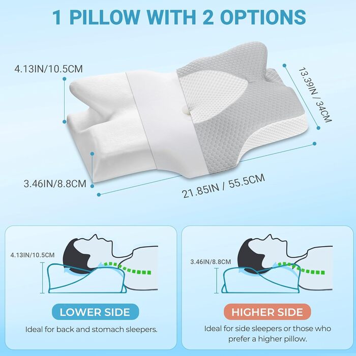 Ортопедична подушка Elviros з Memory Foam для тих, хто спить на боці, з підтримкою шиї, для зняття болю в шиї та плечах, 53.8x11/9x33 см, блакитна