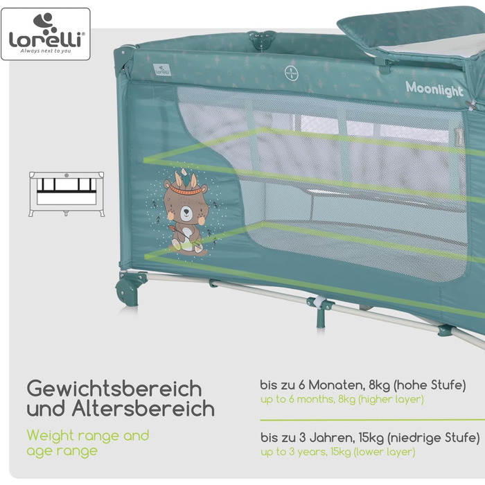 Дитяче ліжечко та манеж Lorelli 3 в 1, Moonlight 2 рівні з боковим входом, ліжечко від народження до 15 кг, складне дитяче дорожнє ліжечко зі вставкою для новонародженого, пеленальним килимком, коліщатками та сумкою, (Зелений)