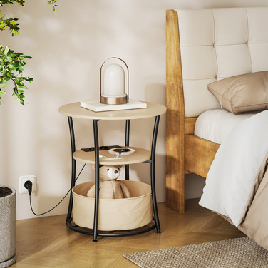 HOMCOM Приставний столик з 3-ма рівнями, журнальний столик з підзарядною станцією, тканинний кишень для зберігання, полиця, 50x50x55,1 см, натуральне дерево