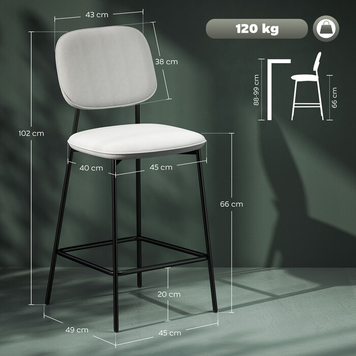 Набір з 2 барних стільців, обідні стільці з підніжкою, оксамитова оббивка, сталеві ніжки, для їдальні, 45 x 49 x 102 см, світло-сірий