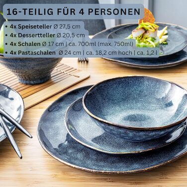 Sänger Tafelservice Tokio 24 елементи: набір посуду з 24 предметів для 8 осіб, столовий сервіз з каменю, сучасний ручної роботи, темно-синій з чорними акцентами | PREMIUM COLLECTION