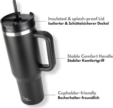 Термокружка Milu 1200 мл з трубочкою та ручкою – термокружка для подарунку на Великдень, День батька, День матері | Подарунок для мами, тата, друзів, бабусі та дідуся | Чорний колір