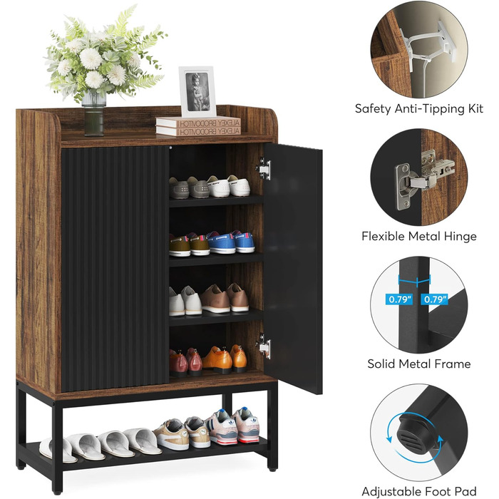 Шафа для взуття Tribesigns з дверцятами, 5-ярусна, для передпокою, дерев'яна шафа-органайзер для 15-20 пар взуття, чорно-коричнева