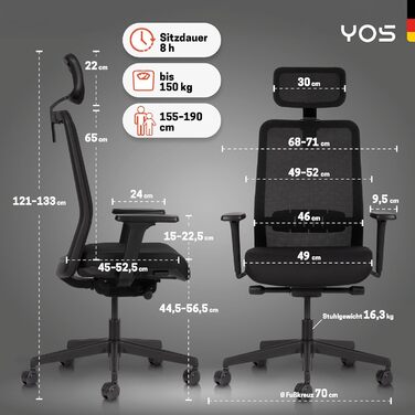 Офісний стілець YOS S5 з підтримкою спини та голови, чорний. Ergonomічний стілець до 150 кг, Made in Germany